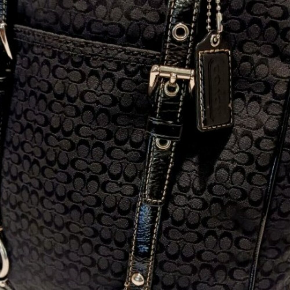 Coach Gallery Tote Shoulder Bag Signature Black Jacquard Patent Leather Silver - Picture 2 of 11
